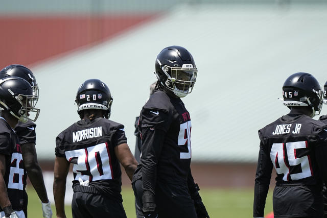 Atlanta Falcons defensive end Zach Harrison (96) waits to run drills during the NFL football team's rookie minicamp, Saturday, May 13, 2023, in Flowery Branch, Ga. (AP Photo/Brynn Anderson)