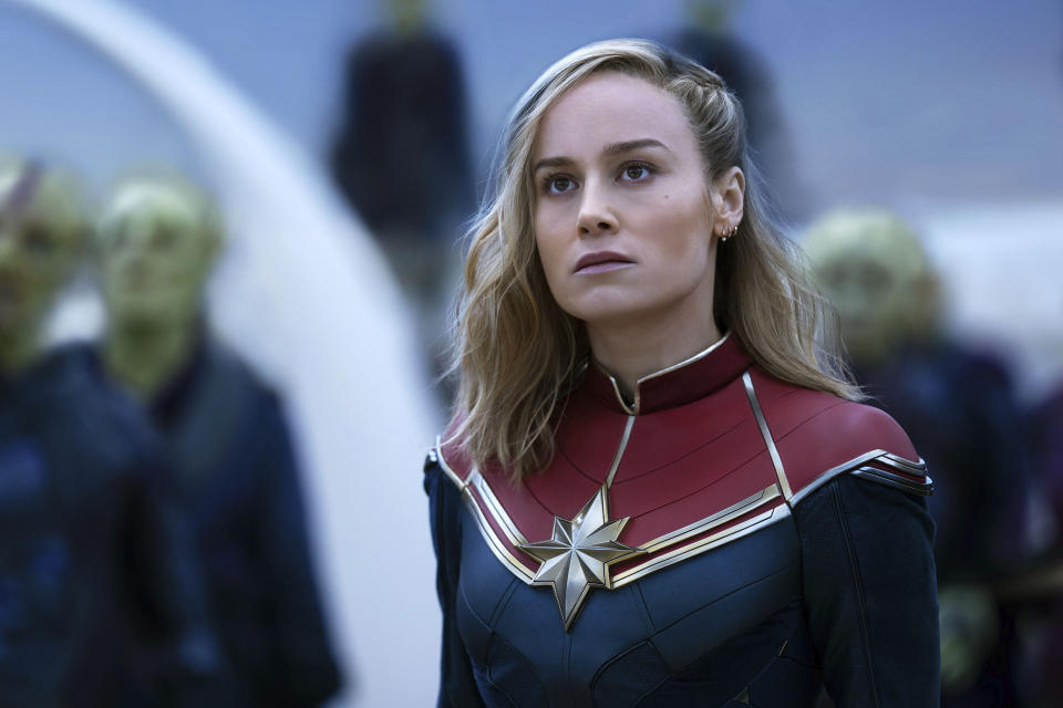 This image released by Disney shows Brie Larson in a scene from "The Marvels." (Laura Radford/Disney-Marvel Studios via AP)