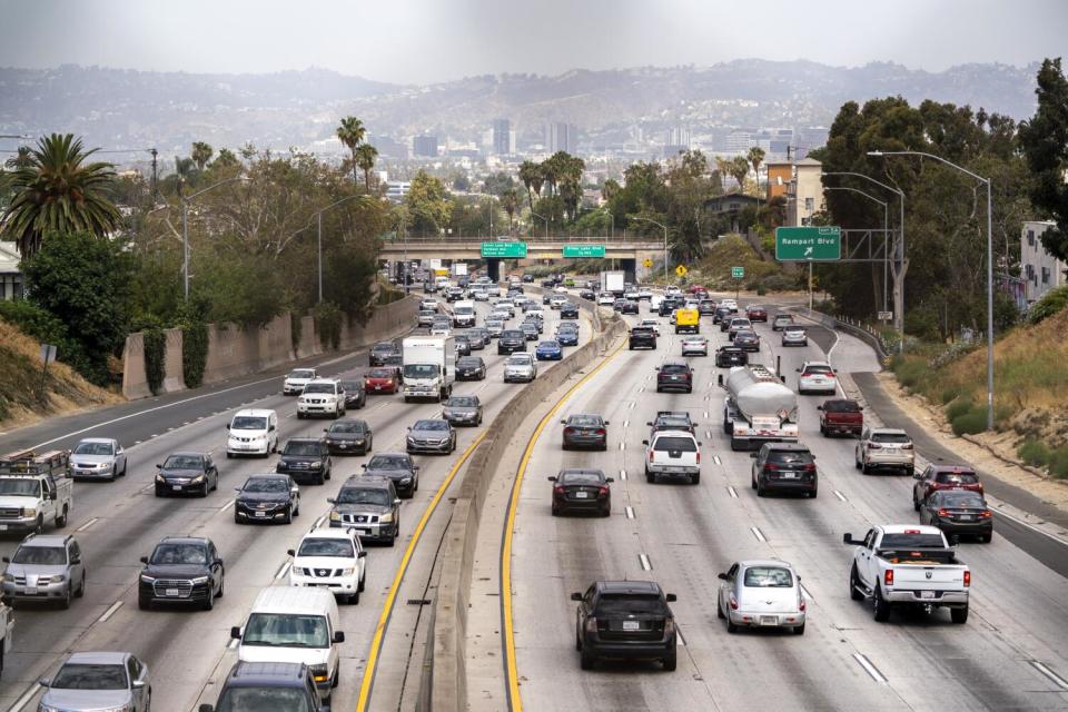 Motorists in traffic drive on the 101 Freeway in Los Angeles on Thursday, July 8, 2021.