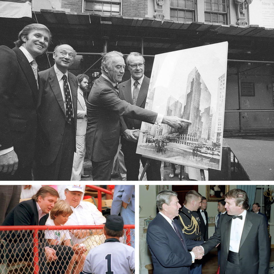 Top: At the June 1978 launching ceremony of the new New York Hyatt Hotel/Convention facility that will be built on the site of the former Commodore Hotel are, from left: Donald Trump, Mayor Ed Koch, Gov. Hugh Carey and Robert T. Dormer, executive vice president of the Urban Development Corp. Bottom right: President Reagan shakes hands with Donald Trump at a White House reception for members of the Friends of Art and Preservation in Embassies Foundation. Bottom left: New York Yankees manager Billy Martin, standing, meets developer Donald Trump at Municipal Stadium in West Palm Beach in March 1988. Seated with Trump are his son Donald, 10, with a ball given to him by Martin, and Yankees owner George Steinbrenner.