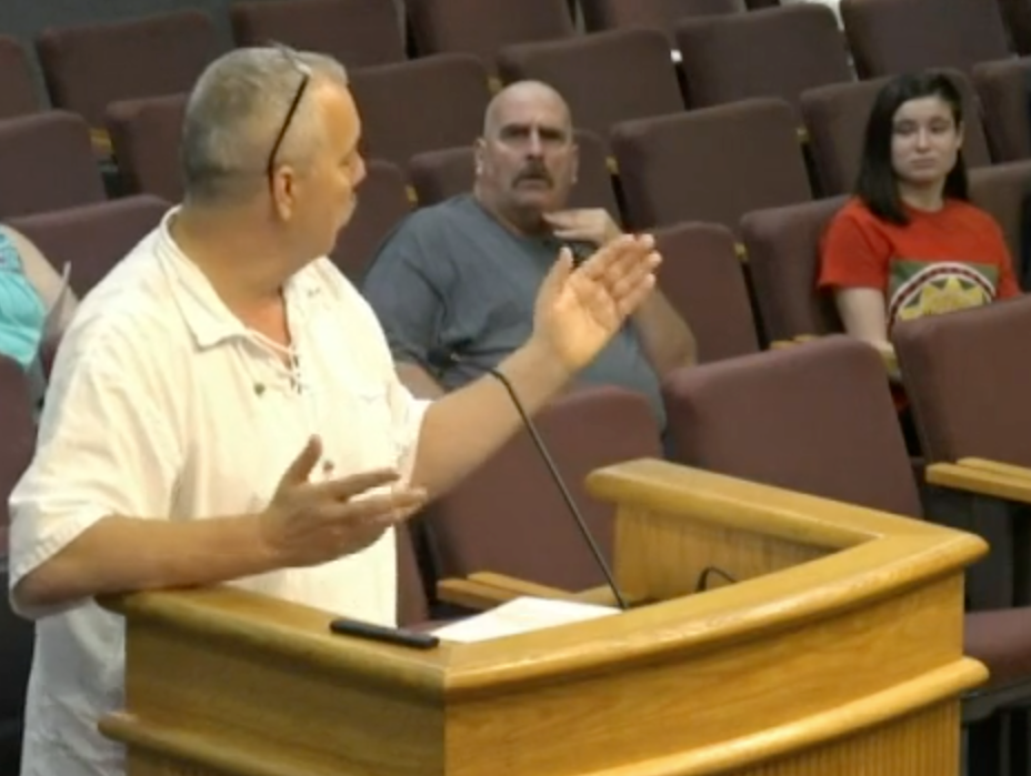 Scott Cline gestures toward Sheriff Donald Smith during the public comments section of the Augusta County Board of Supervisors Aug. 9, 2023 meeting.