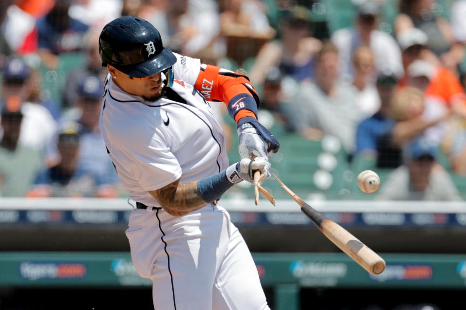 Detroit Tigers shortstop Javier Baez breaks his bat in the first inning against the Texas Rangers at Comerica Park on May 29, 2023 in Detroit, Michigan.