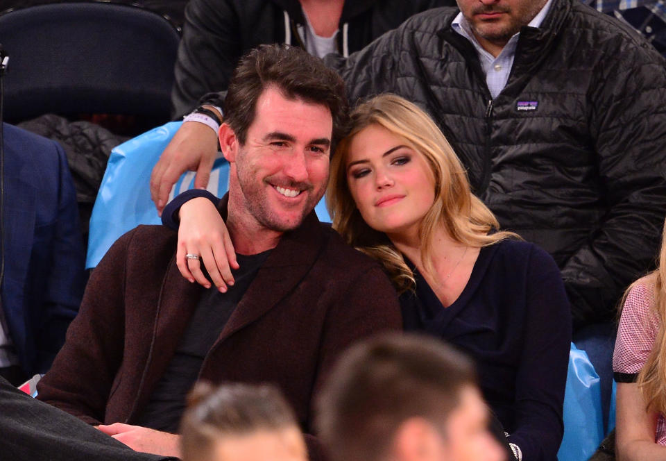 <p>Justin Verlander and Kate Upton attend the Orlando Magic vs New York Knicks game at Madison Square Garden on November 12, 2014 in New York City. (Photo by James Devaney/GC Images) </p>