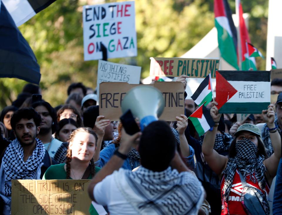 Protesters gather in response to the Israel-Hamas war in October at Purdue University in West Lafayette, Ind.