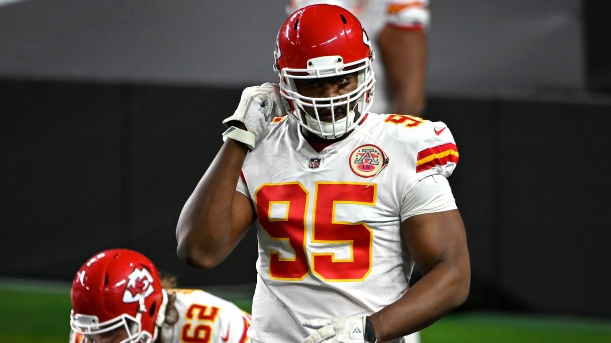 Mandatory Credit: Photo by David Becker/AP/Shutterstock (11029225ji)Kansas City Chiefs defensive tackle Chris Jones (95) warms up before an NFL football game against the Las Vegas Raiders, in Las VegasChiefs Raiders Football, Las Vegas, United States - 22 Nov 2020.