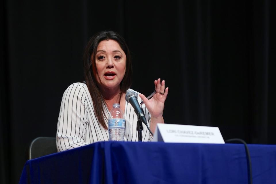 Republican Lori Chavez DeRemer speaks at a debate with Democrat Jamie McLeod-Skinner for Oregon's 5th Congressional District at Lakeridge High School in Lake Oswego, Ore., Monday, October 17, 2022. (AP Photo/Steve Dipaola)