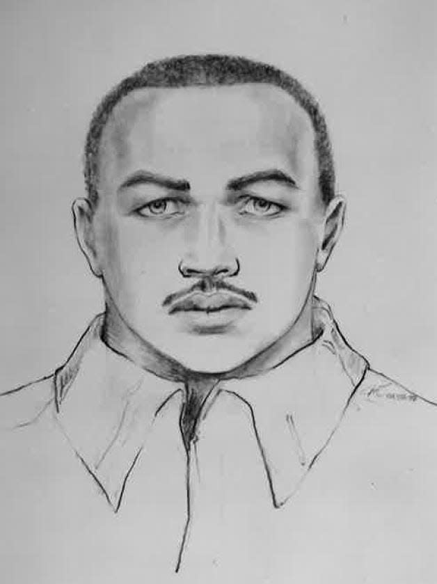 A composite drawing of one of two suspects involved in a bank robbery and homicide in Thousand Oaks from 1997.