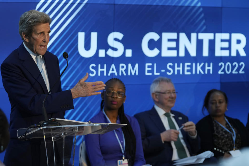 U.S. Special Presidential Envoy for Climate John Kerry speaks during a session on accelerating clean energy at the COP27 U.N. Climate Summit, Wednesday, Nov. 9, 2022, in Sharm el-Sheikh, Egypt. (AP Photo/Peter Dejong)