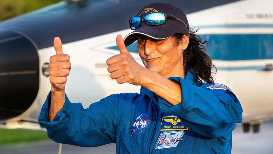 NASA astronaut Suni Williams poses for photos during her arrival back at the Launch and Landing Facility at the agency’s Kennedy Space Center in Florida on Tuesday, May 28, 2024, ahead of NASA’s Boeing Crew Flight Test. The first launch attempt on May 6 was scrubbed. As part of the agency’s Commercial Crew Program, Williams and fellow crew member Butch Wilmore are the first to launch to the International Space Station aboard Boeing’s Starliner spacecraft atop a United Launch Alliance Atlas V rocket from Space Launch Complex-41 at nearby Cape Canaveral Space Force Station.