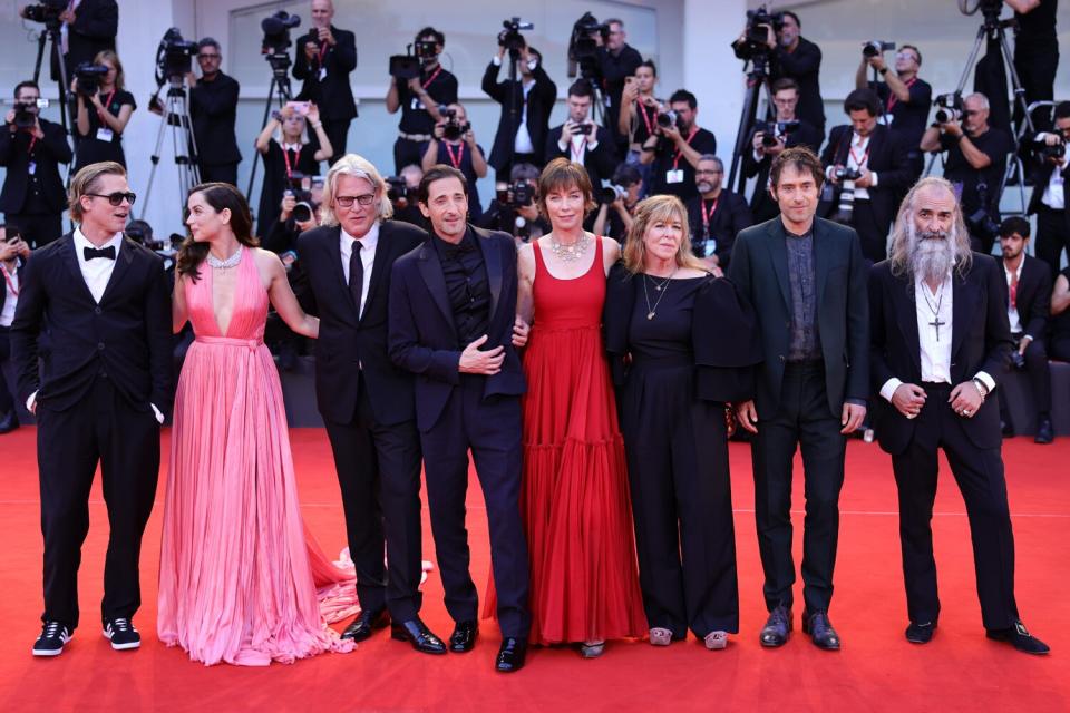 Brad Pitt, Ana de Armas, director Andrew Dominik, Adrien Brody, Julianne Nicholson, Dede Gardner, Jeremy Kleiner and Warren Ellis attend the Netflix Film "Blonde" red carpet at the 79th Venice International Film Festival