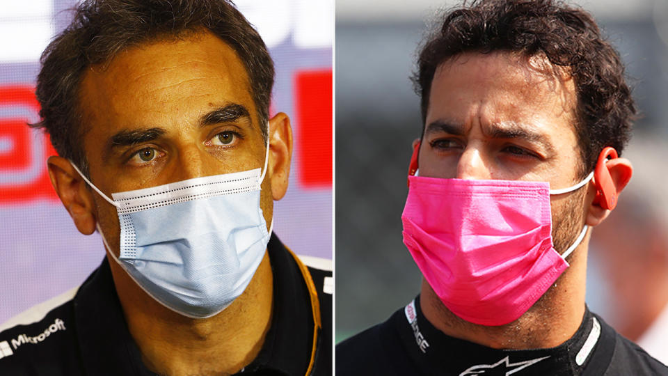 A 50-50 split image shows Cyril Abiteboul on the left and Daniel Ricciardo on the right.