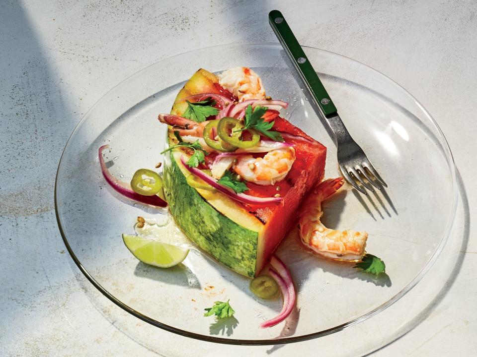 Watermelon Steaks with Warm Pickled Shrimp