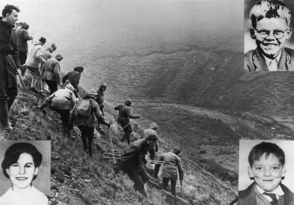 <div class="inline-image__caption"><p>A search is carried out on Saddleworth Moor for missing children Keith Bennett (top right), Pauline Reade (bottom left) and John Kilbride (bottom right), October 1965. All three were the victims of so-called Moors Murderers Ian Brady and Myra Hindley.</p></div> <div class="inline-image__credit">Keystone/Hulton Archive/Getty Images</div>