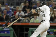 Pittsburgh Pirates' Kevin Newman shatters his bat and grounds out on a pitch from Chicago Cubs reliever Duane Underwood Jr. during the sixth inning of a baseball game in Pittsburgh, Thursday, Sept. 26, 2019. (AP Photo/Gene J. Puskar)
