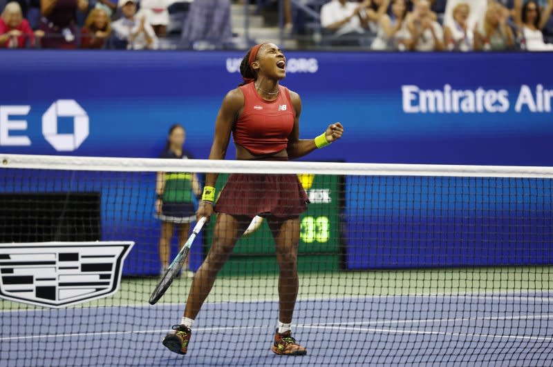 Coco Gauff reacts after winning a point in the third set against Aryna Sabalenka of Belarus In the women's final at the 2023 U.S. Open on Saturday in Flushing, N.Y. Photo by John Angelillo/UPI