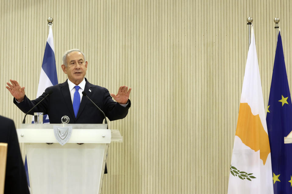 Israeli Prime Minister Benjamin Netanyahu gestures as he talks to the media during a press conference after a meeting with Cypriot president Nikos Christodoulides, at the presidential palace in capital Nicosia, Cyprus, on Sunday, Sept. 3, 2023. An official statement said Christodoulides and Netanyahu will touch on expanding energy cooperation and bilateral ties, as well as Israel's relations with the European Union. The leaders' meeting comes a day ahead of a trilateral meeting that will include Greek Prime Minister Kyriakos Mitsotakis. (Iakovos Hatzistavrou Pool via AP)