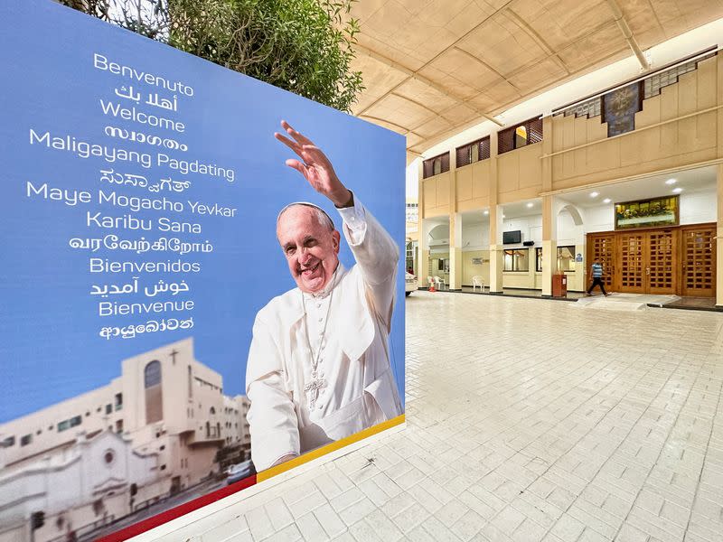 FILE PHOTO: Welcome banners are displayed for Pope Francis at Sacred Heart Catholic Church in Manama