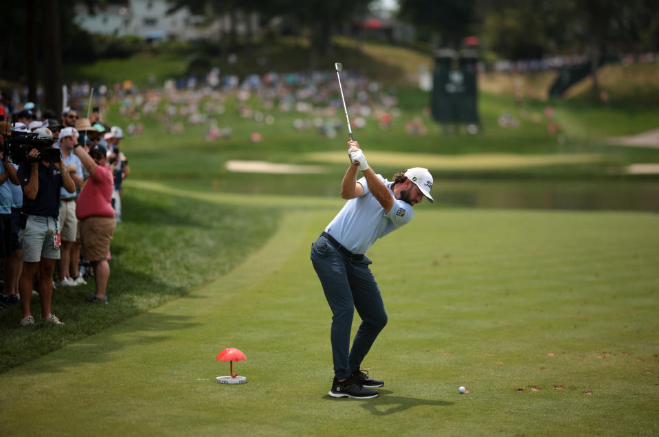 CROMWELL, CONNECTICUT - JUNE 22: Cameron Young of the United States plays his shot from the 16th tee during the third round of the Travelers Championship at TPC River Highlands on June 22, 2024 in Cromwell, Connecticut. (Photo by James Gilbert/Getty Images)