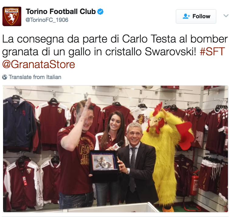 The Italian forward has been awarded with a rooster for his fine efforts a Torino