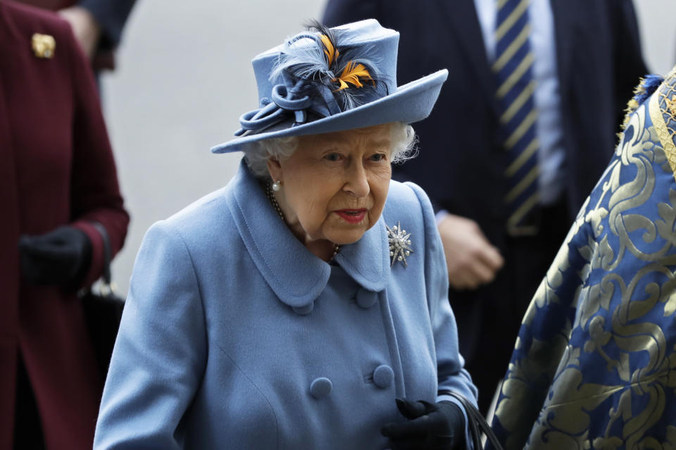 FILE - In this Monday, March 9, 2020 file photo, Britain's Queen Elizabeth II arrives to attend the annual Commonwealth Day service at Westminster Abbey in London. In a rare address to the nation taking place Sunday, April 5, Queen Elizabeth II plans to exhort Britons to rise to the challenge of the coronavirus pandemic. The queen will be drawing on wisdom from her decades as Britain’s head of state to urge discipline and resolve in a time of crisis. (AP Photo/Kirsty Wigglesworth, file)