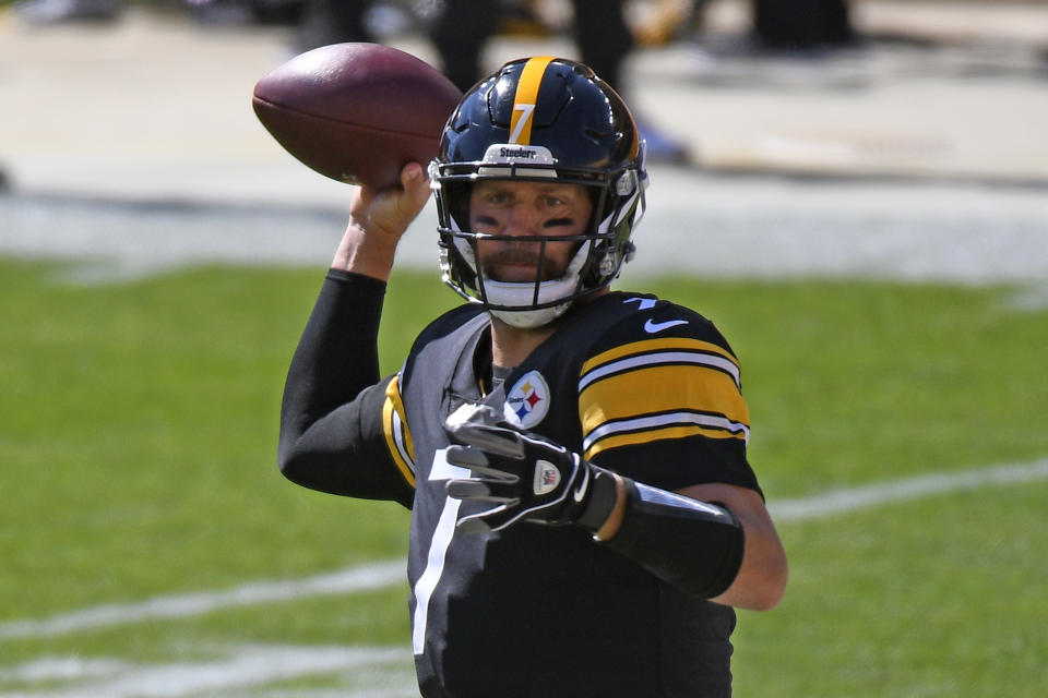 Pittsburgh Steelers quarterback Ben Roethlisberger (7) throws a pass during the first half of an NFL football game against the Denver Broncos in Pittsburgh, Sunday, Sept. 20, 2020. (AP Photo/Don Wright)