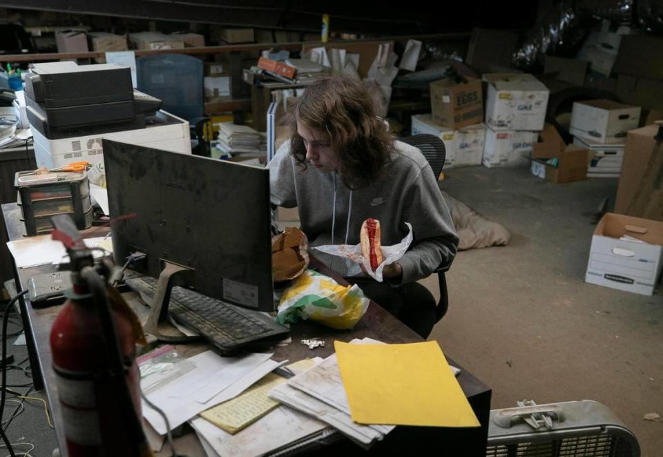 Warren County High School student Rocky Carter takes his classes virtually from the loft of his mother’s workplace, CJ Iron & Metal near Macon, NC on Tuesday, February, 2, 2021. Carter utilizes the high speed internet connection at the workplace because his wi-fi hot spot does not perform well at his rural home.