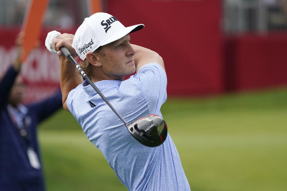 Former BYU golfer Peter Kuest drives off the 16th tee during the third round of the Rocket Mortgage Classic golf tournament at Detroit Country Club, Saturday, July 1, 2023, in Detroit. | Carlos Osorio, Associated Press