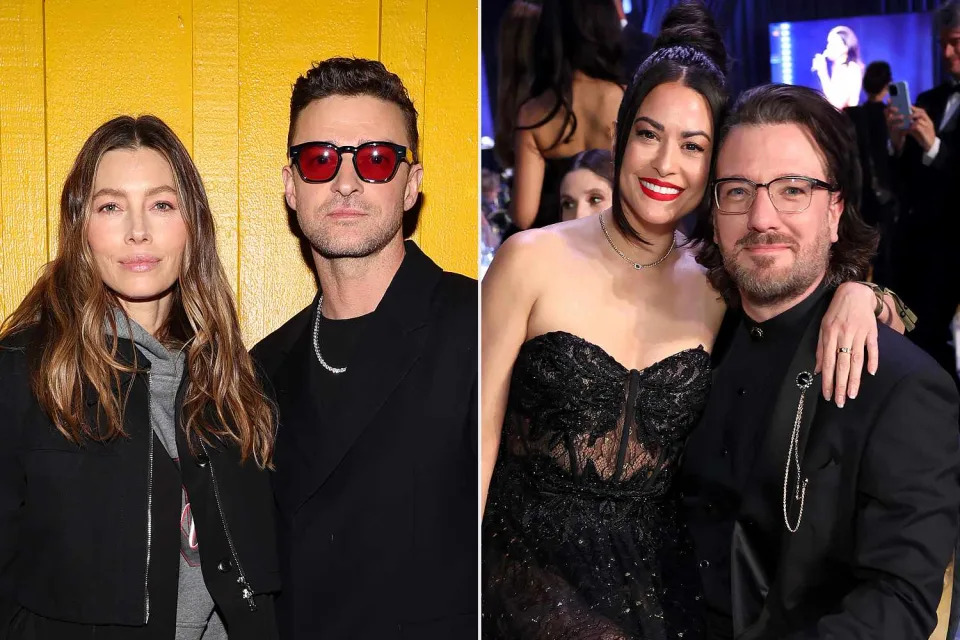 <p>Jerritt Clark/Getty; Monica Schipper/Getty </p> Justin Timberlake and Jessica Biel; JC Chasez and Jennifer HuYoung