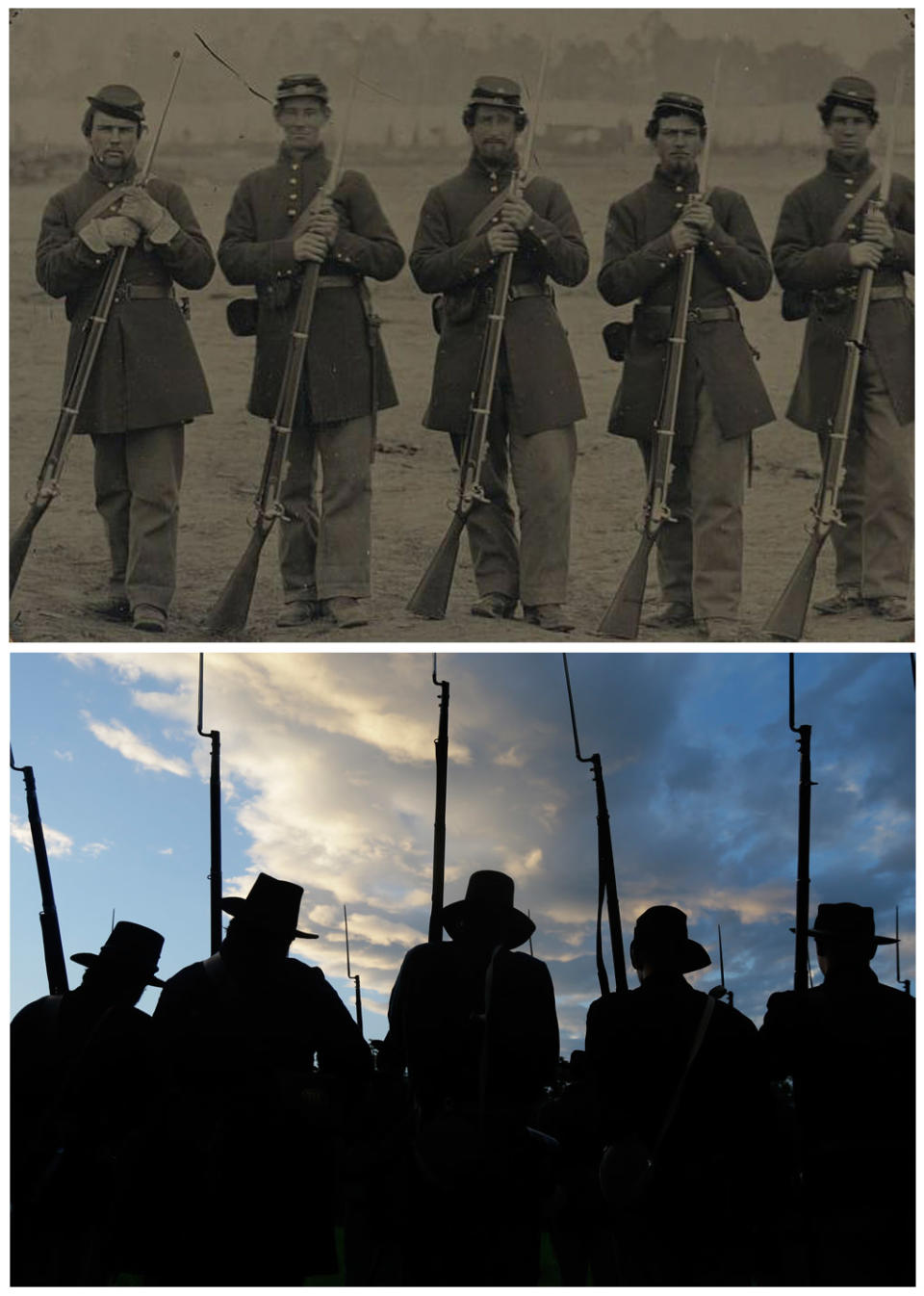 This combination image shows, top, a photo taken between Sept. 8, 1862, and June 6, 1963, and made available by the Library of Congress of five soldiers of the 6th Regiment Massachusetts Volunteer Militia outfitted with enfield muskets in front of their camp, and bottom, re-enactors portraying Union soldiers in Murray's Brigade during ongoing activities commemorating the 150th anniversary of the Battle of Gettysburg, Thursday, June 27, 2013, at Bushey Farm in Gettysburg, Pa. (AP Photo)