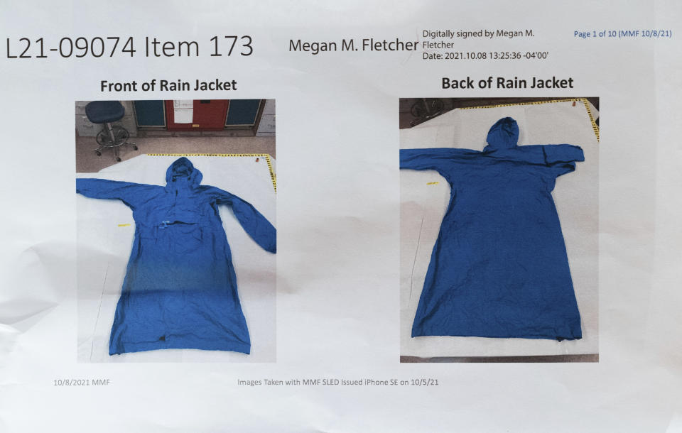 A blue rain jacket is shown as evidence in Alex Murdaugh's double murder trial.