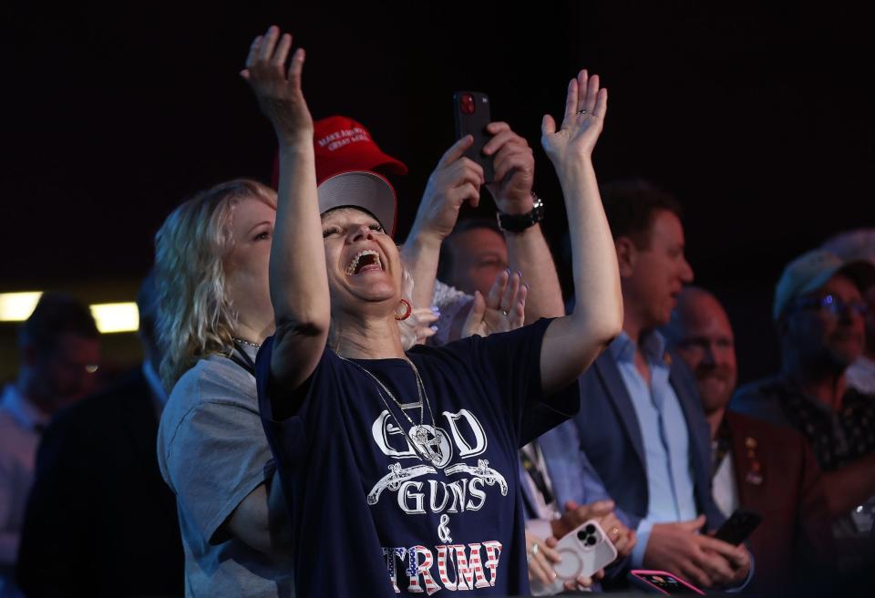 DALLAS, TEXAS - MAY 18: A supporter of former President Donald Trump cheers as he speaks during the NRA ILA Leadership Forum at the National Rifle Association (NRA) Annual Meeting & Exhibits at the Kay Bailey Hutchison Convention Center on May 18, 2024 in Dallas. (Photo by Justin Sullivan/Getty Images)
