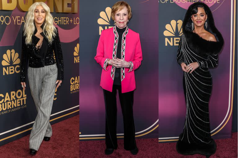 Con motivo del inminente 90 cumpleaños de Carol Burnett, muchas celebridades se encontraron para homenajearla. En la foto: Cher, Burnett y Katy Perry