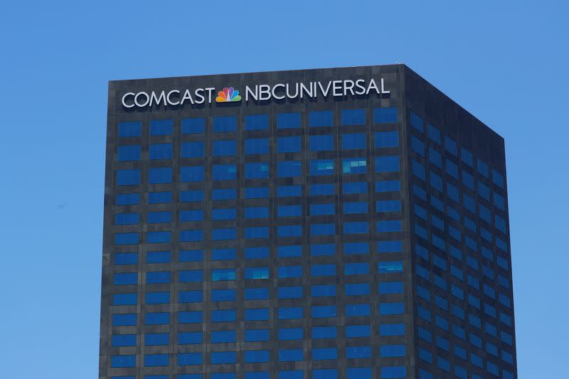 The Comcast NBC Universal logo is shown on a building in Los Angeles, California