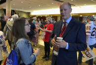 Gubernatorial candidate and former Minnesota Senate Majority Leader Paul Gazelka works the delegates to the Minnesota GOP State Convention on Saturday, May 14, 2022, at the Mayo Civic Center in Rochester, Minn. (AP Photo/Steve Karnowski)