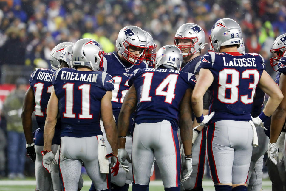 FOXBOROUGH, MA - JANUARY 04: New England Patriots quarterback Tom Brady (12) calls a play during an AFC Wild Card game between the New England Patriots and the Tennessee Titans on January 4, 2020, at Gillette Stadium in Foxborough, Massachusetts. (Photo by Fred Kfoury III/Icon Sportswire via Getty Images)