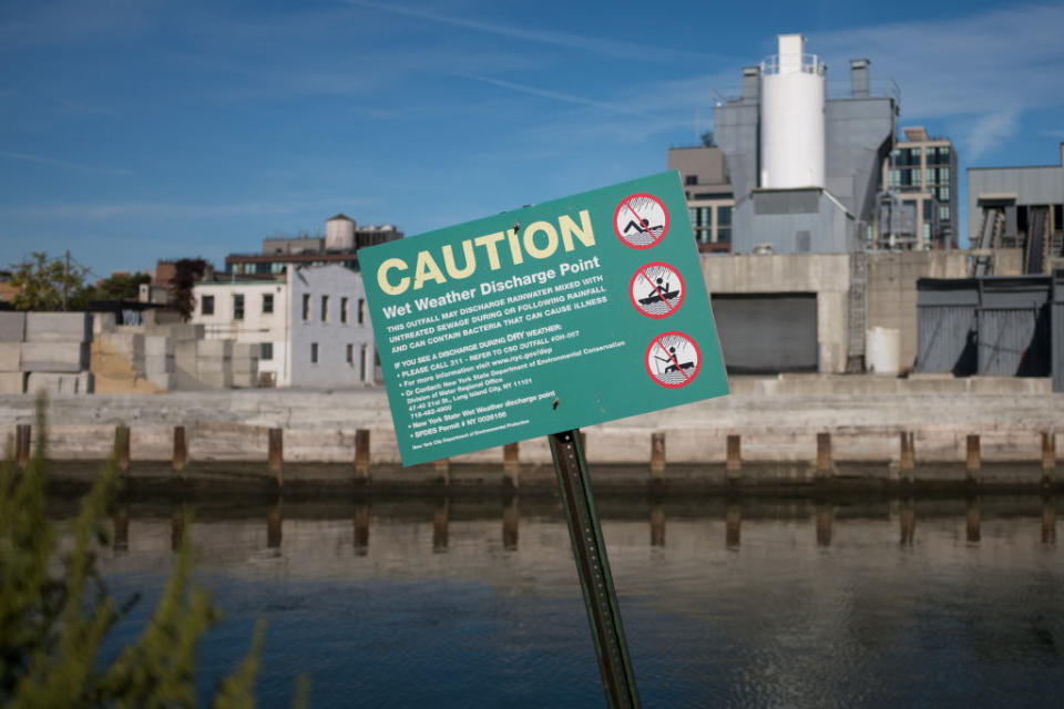 A caution sign in the canal