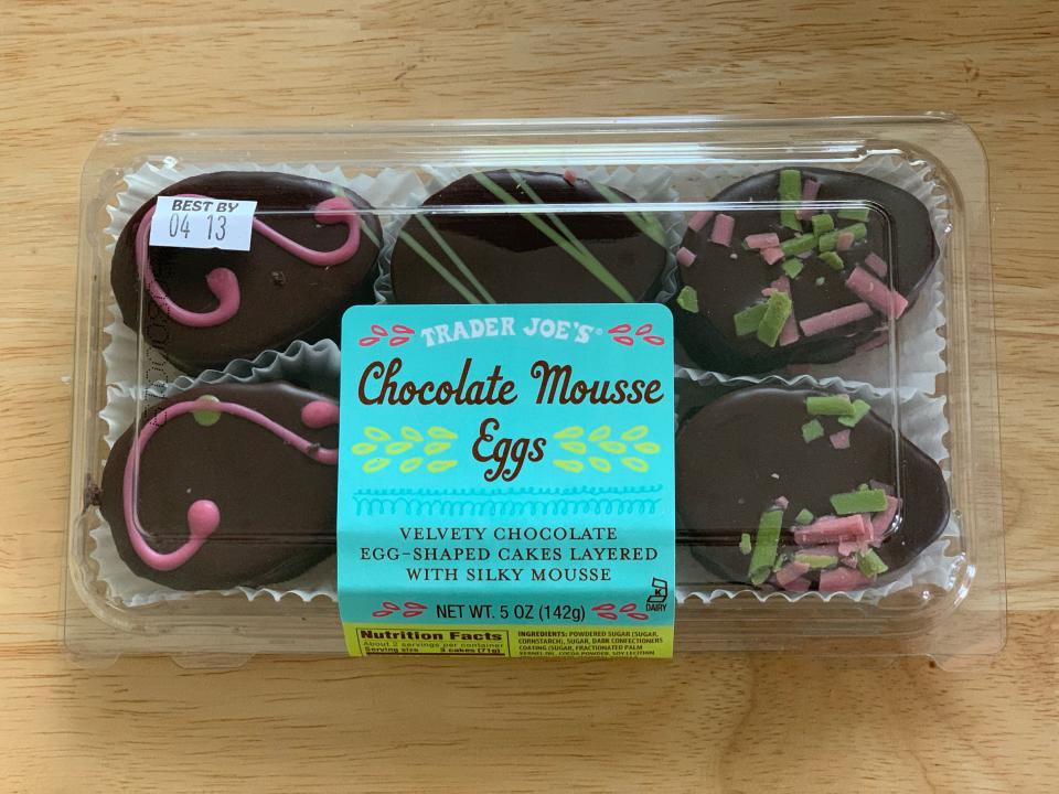 blue and clear package of trader joe's chocolate mousse eggs