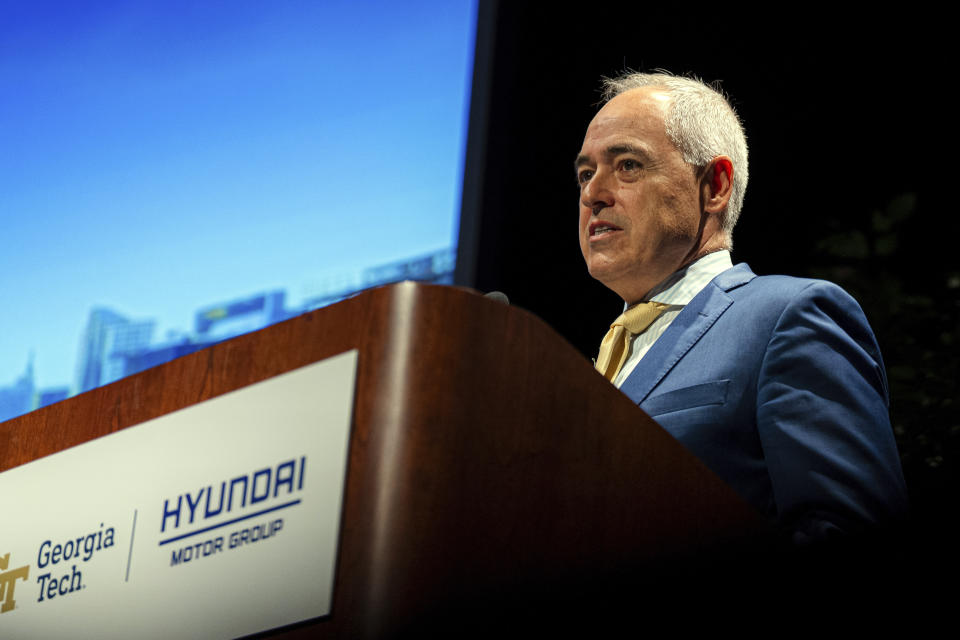 Georgia Tech President Ángel Cabrera speaks before a signing ceremony with Hyundai Motor Company at Georgia Tech in Atlanta, Tuesday, Sept. 19, 2023. (Matthew Pearson/WABE via AP)