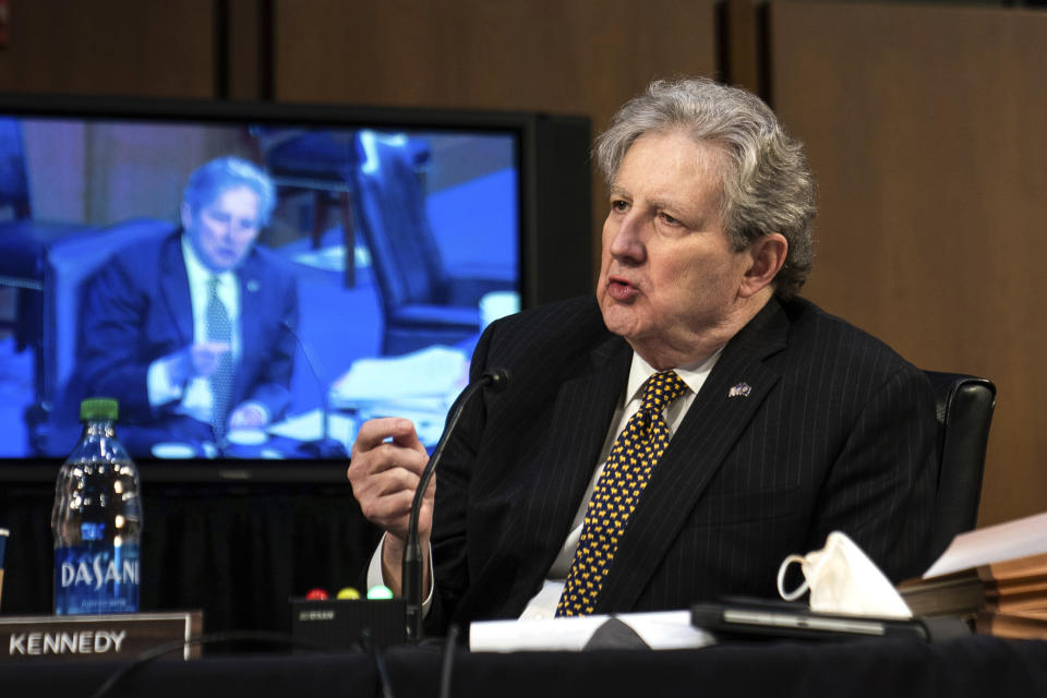 Sen. John Kennedy, R-La speaks during a hearing for Judge Merrick Garland, nominee to be Attorney General, before the Senate Judiciary Committee, Monday, Feb. 22, 2021 on Capitol Hill in Washington. (Demetrius Freeman/The Washington Post via AP, Pool)