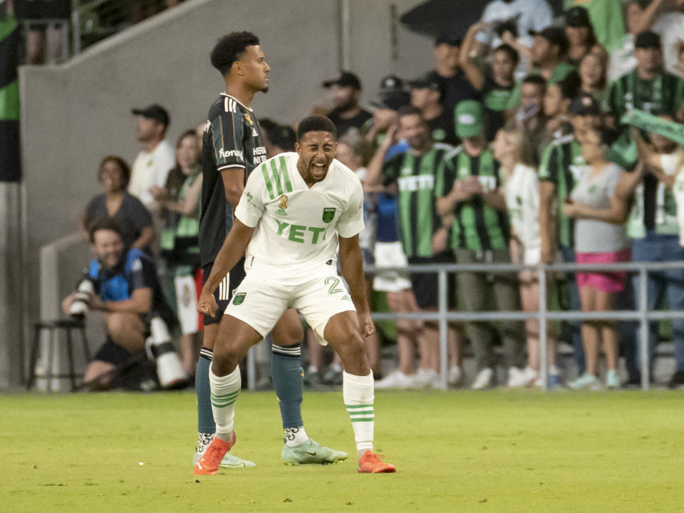 Austin FC forward Orrin McKinze Gaines II reacts after scoring his first goal as an Austin FC player during the second half of an MLS soccer match against the LA Galaxy, Sunday, Sept. 26, 2021, in Austin, Texas. Austin FC won 2-0. (AP Photo/Michael Thomas)