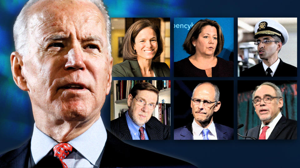 Joe Biden, Dr. Rebecca Katz,  Lisa Monaco, Dr. Vivek Murthy, David Kessler, Dr. Ezekiel Emanuel and Dr. Irwin Redlener. (Photo illustration: Yahoo News; photos: AP, via Twitter, David Paul Morris/Bloomberg via Getty Images, John Raoux/AP, Ben Margot/AP, Neilson Barnard/Getty Images, Jason Kempin/Getty Images)