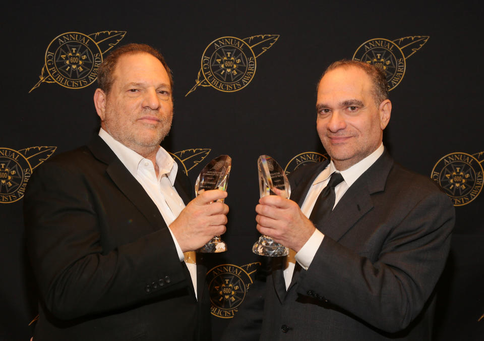 Harvey and Bob Weinstein pose with the Motion Picture Showmanship Award backstage at The Beverly Hilton hotel on Feb. 20, 2015. (Photo: Mathew Imaging via Getty Images)