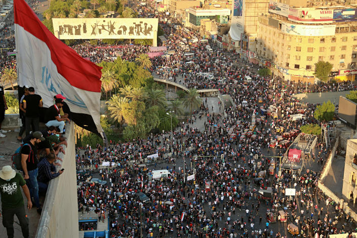 Anti-government protesters gather in Tahrir square during a demonstration in Baghdad, Iraq, Saturday, Oct. 26, 2019. (Photo: Hadi Mizban/AP)