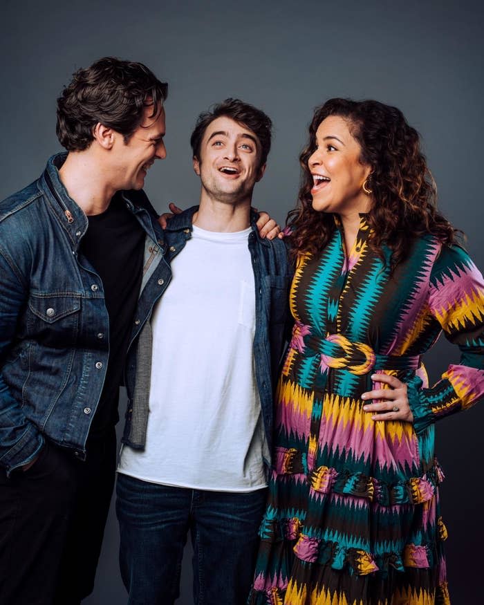 Closeup of Jonathan Groff, Daniel Radcliffe, and Lindsay Mendez