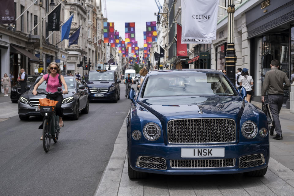 Bentley car parked on Bond Street on 12th July 2022 in London, United Kingdom. Bond Street is one of the principal streets in the West End shopping district and is very upmarket. It has been a fashionable shopping street since the 18th century. The rich and wealthy shop here mostly for high end fashion and jewellery. (photo by Mike Kemp/In Pictures via Getty Images)