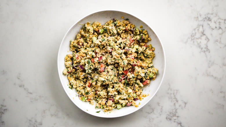 chickpea salad in white bowl