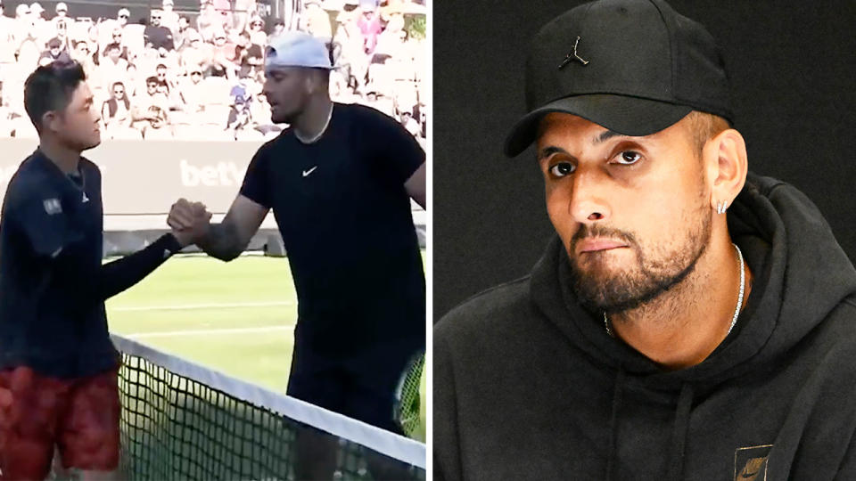 Nick Kyrgios shakes hands with Yibing Wu and Kyrgios speaks to the media.