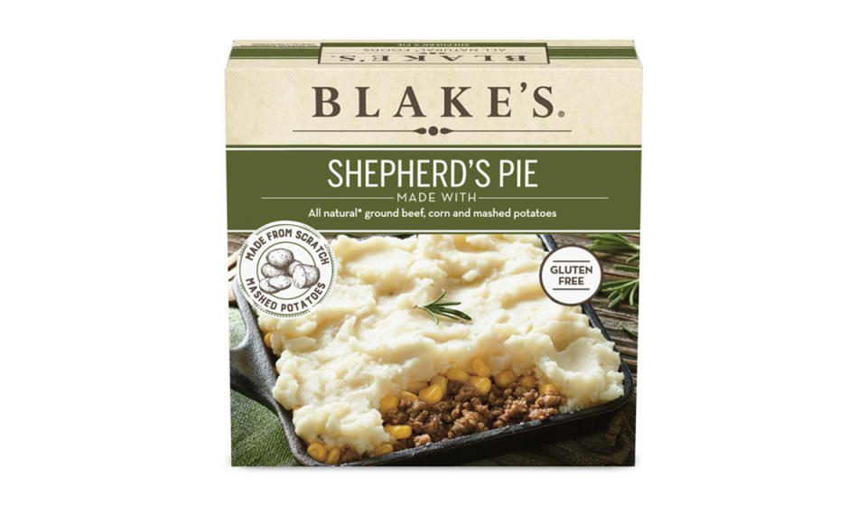 Box of Blake's Shepherd's Pie showing ground beef topped with vegetables and mashed potatoes.