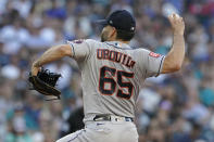 Houston Astros starting pitcher Jose Urquidy throws against the Seattle Mariners during the first inning of a baseball game, Friday, July 22, 2022, in Seattle. (AP Photo/Ted S. Warren)