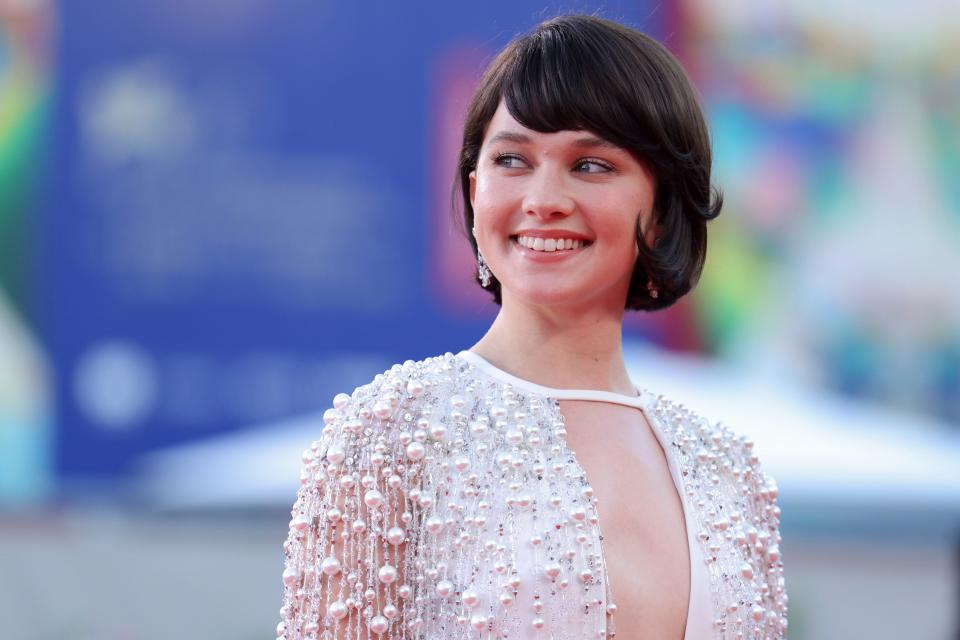 Cailee Spaeny poses for photographers upon arrival for the premiere of the film 'Priscilla' during the 80th edition of the Venice Film Festival in Venice, Italy, on Monday, Sept. 4, 2023.